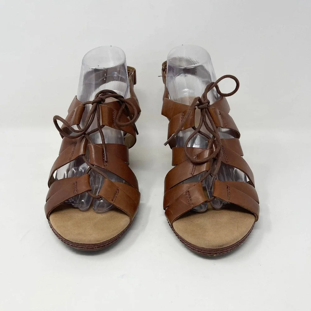 Clarks Helio Mindin Lace Up Cork Wedge Sandals Wms 10 Brown Leather Soft Cushion